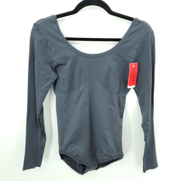 NWT SPANX Long Sleeve Bodysuit Scoop Neck FS6015 Sz L Steel Gray - Picture 2 of 16